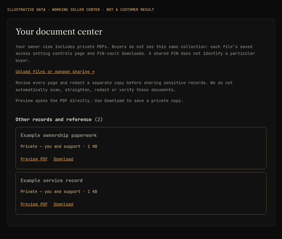 Example owner document center with fictional records marked Private